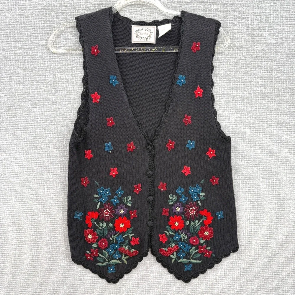Erika Black Floral Embroidered Button Front‎ Knit Vest Women's S Ramie Cotton